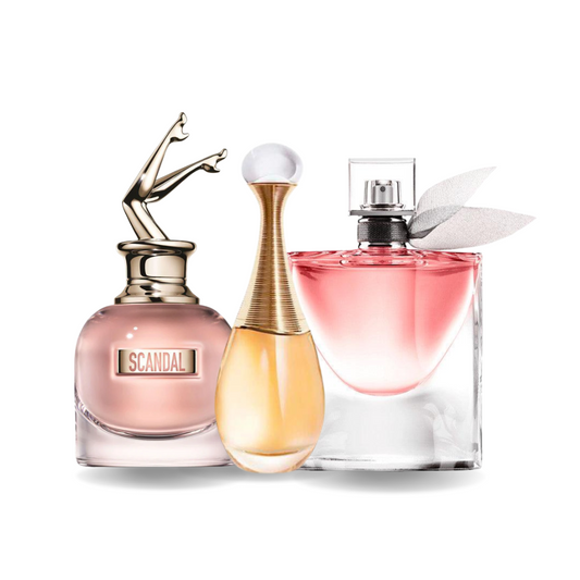 Combo de 3 perfumes: Jean Paul Gaultier SCANDAL, Dior J'ADORE y Lancôme LA VIE EST BELLE (Eau de Parfum)