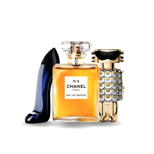 Combo de 3 perfumes: Carolina Herrera GOOD GIRL, Chanel Nº5 e Paco Rabanne FAME